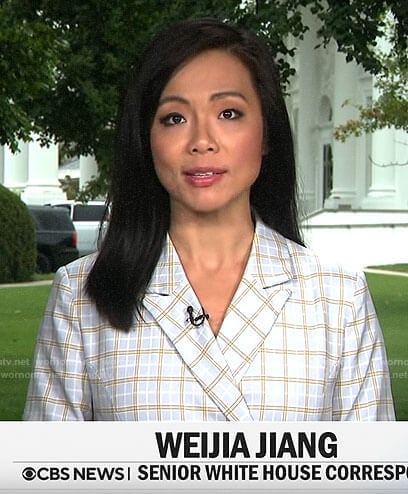 Weijia Jiang’s plaid blazer dress on CBS This Morning