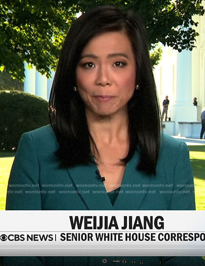 Weijia Jiang’s teal green belted blazer on CBS Mornings