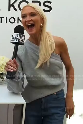 Zanna Roberts Rassi’s grey one-shoulder draped top on E! News Daily Pop