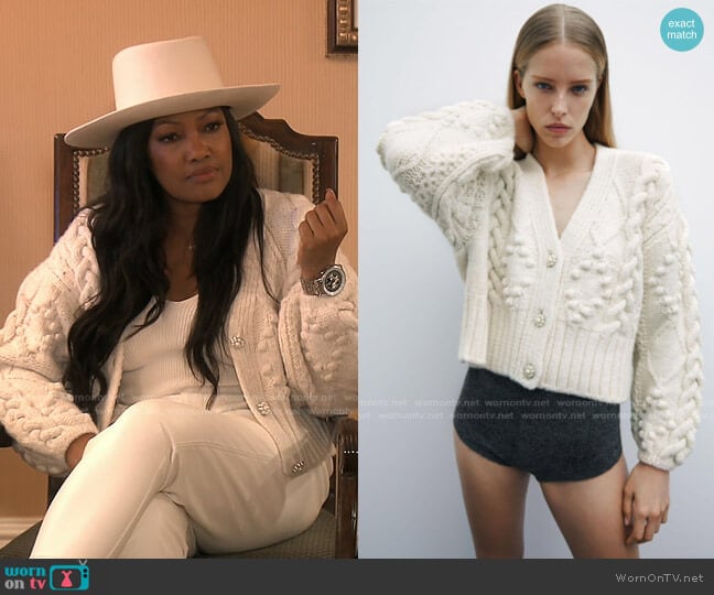 Zara Jewel Button Chunky Knit Cardigan worn by Garcelle Beauvais on The Real Housewives of Beverly Hills