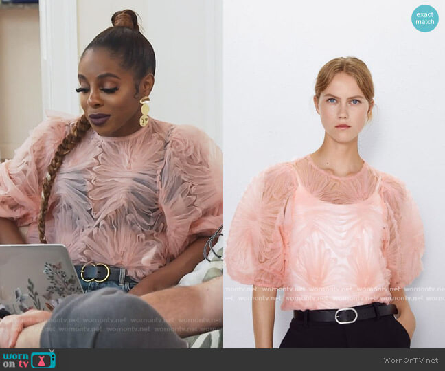 Zara Pink Tulle Ruffle Top worn by Candiace Dillard Bassett on The Real Housewives of Potomac