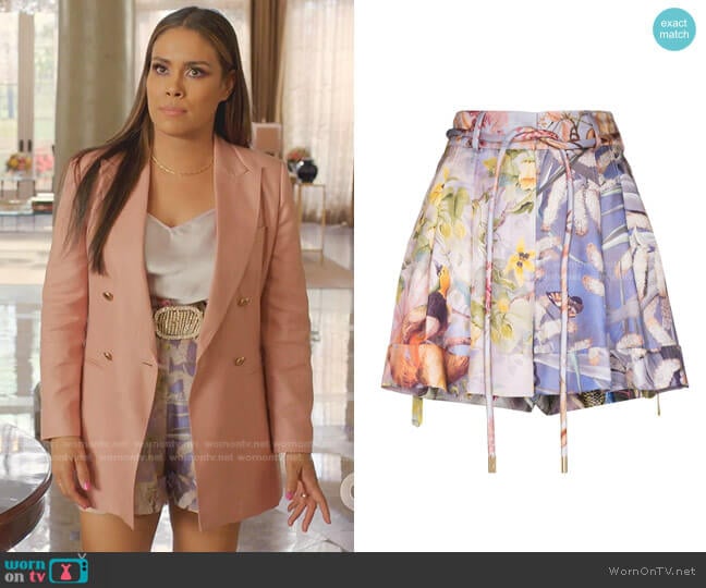 Zimmermann Botanica Book Print Drawstring Shorts worn by Cristal Jennings (Daniella Alonso) on Dynasty