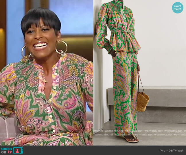 Zimmermann Teddy smocked paisley-print ramie blouse worn by Tamron Hall on Tamron Hall Show