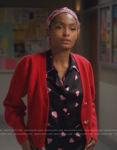 Zoey’s red cardigan with heart print top on Grown-ish