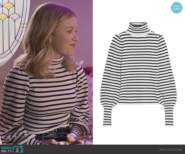 A.L.C. Karla striped ribbed-knit turtleneck sweater worn by Stacey McGill (Shay Rudolph) on The Baby-Sitters Club