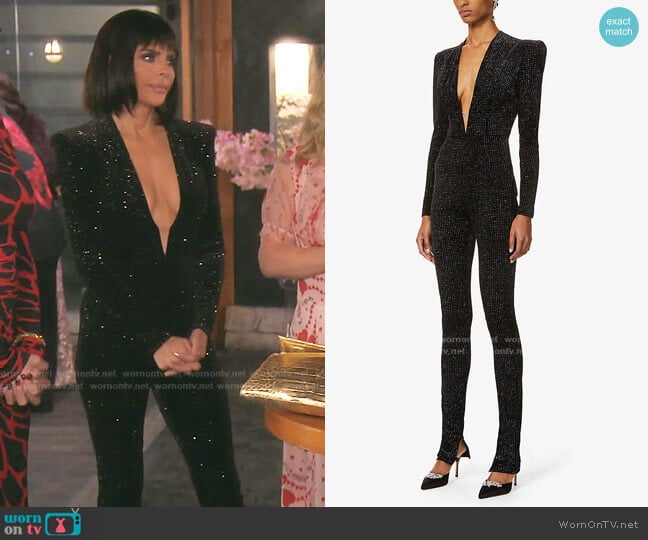 Alex Perry Halsey Glitter sStretch-Velvet Jumpsuit worn by Lisa Rinna on The Real Housewives of Beverly Hills