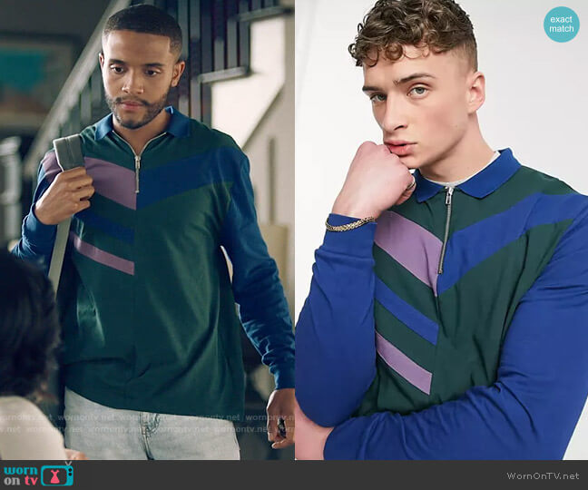 ASOS Design Relaxed Long Sleeve Polo Shirt in Color Block worn by Micah West (Nicholas L. Ashe) on Queen Sugar