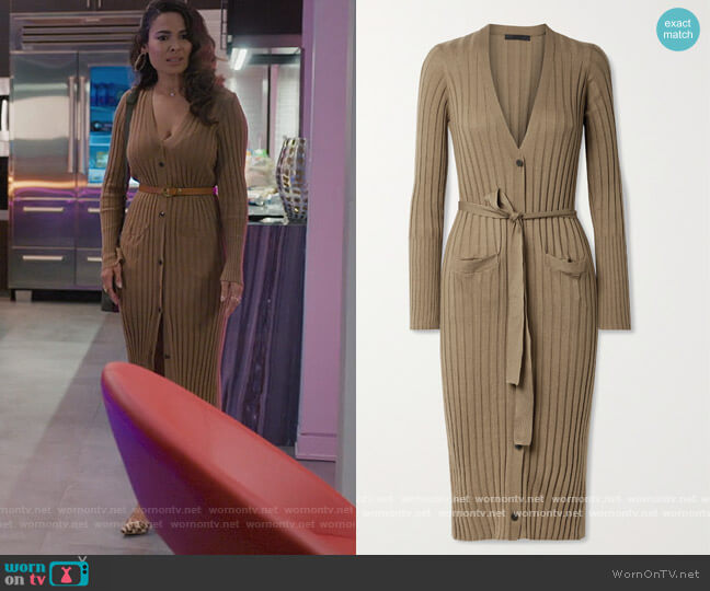 ATM Anthony Thomas Melillo Belted ribbed silk and cotton-blend cardigan worn by Valeria (Nadine Velazquez) on Queens