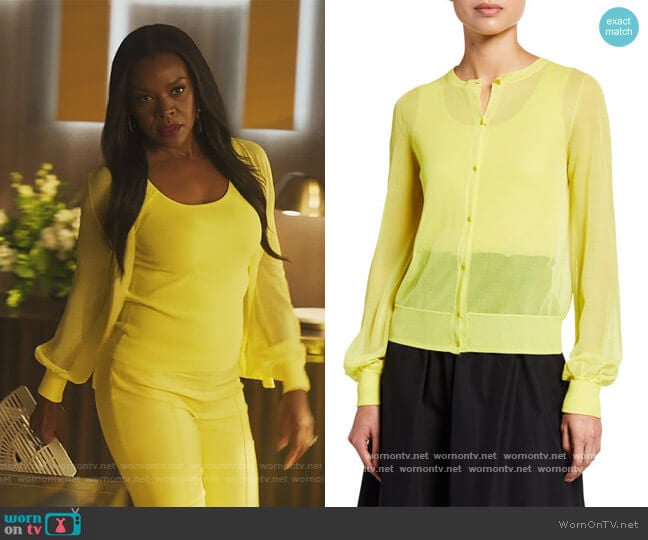 Akris Punto Gossamer Knit Button-Front Cardigan worn by Leah Franklin-Dupont (Nadine Ellis) on Our Kind of People