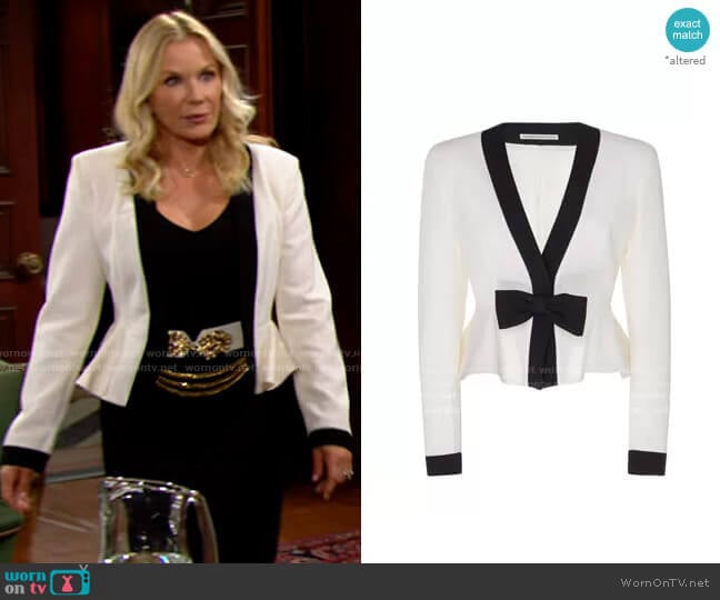 Bow-Embellished Two-Tone Peplum Wool Jacket Alessandra Rich worn by Brooke Logan (Katherine Kelly Lang) on The Bold and the Beautiful