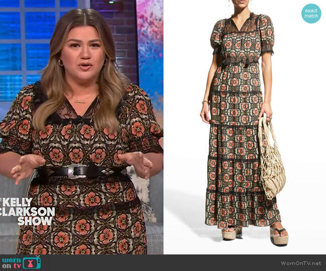 Alice + Olivia Lynley Smocked Puff-Sleeve Ruffle Maxi Dress worn by Kelly Clarkson on The Kelly Clarkson Show