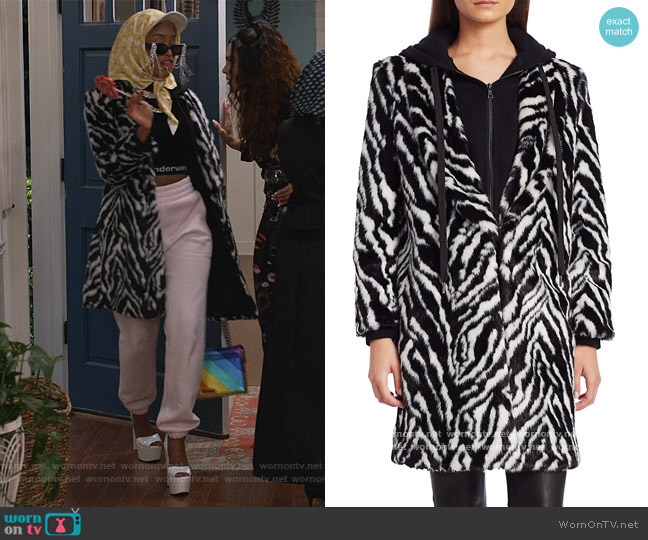 Alice + Olivia Kylie Zebra-Print Faux Fur Coat worn by Lauren Rice (Pepi Sonuga) on Queens
