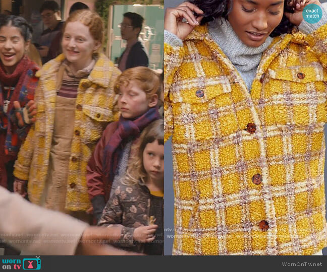 Anthropologie Driftwood Ryan Plaid Sherpa Shirt Jacket worn by Mallory Pike (Vivian Watson) on The Baby-Sitters Club