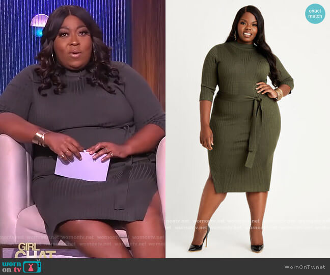 Ashley Stewart Belted Mock Neck Sweater Dress worn by Loni Love on The Real