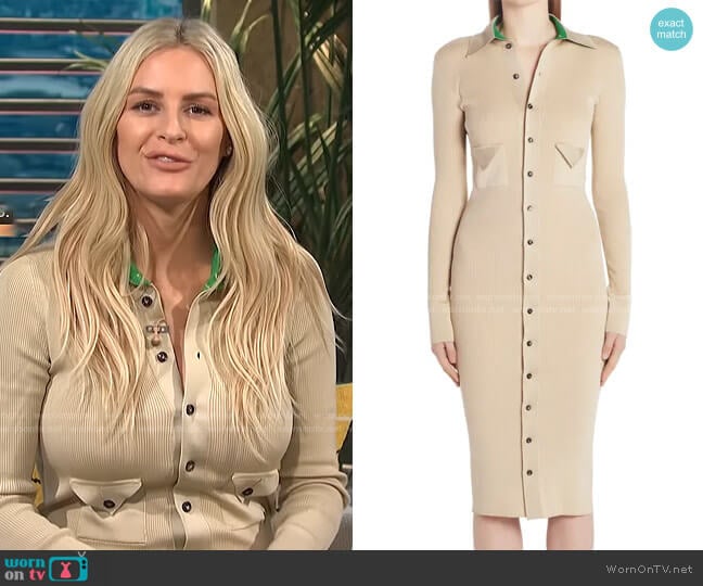 Bottega Veneta Rib Long Sleeve Stretch Silk Blend Military Sweater Dress worn by Morgan Stewart on E! News