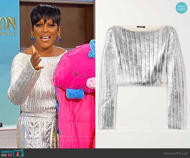 Balmain Cropped metallic coated wool and Lyocell-blend sweater worn by Tamron Hall on Tamron Hall Show