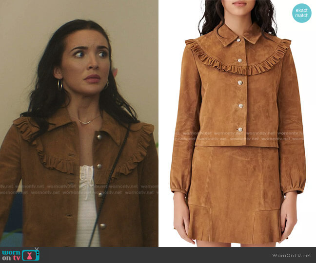 Maje Bendrie Ruffled Suede Jacket worn by Bess (Maddison Jaizani) on Nancy Drew