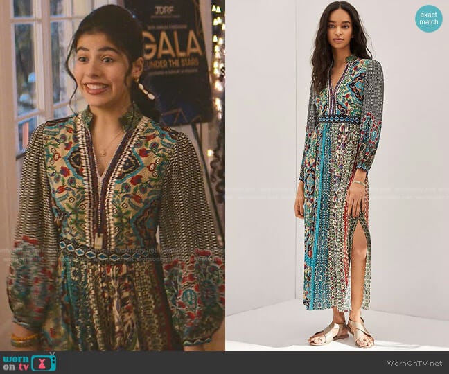 Bhanuni by Jyoti Floral Maxi Dress in Blue Motif worn by Dawn Schafer (Kyndra Sanchez) on The Baby-Sitters Club