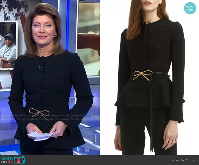 Oscar de la Renta Bow Belt Virgin Wool Blend Peplum Jacket worn by Norah O'Donnell on CBS Evening News