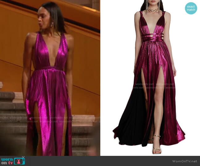 Bronx and Banco Goddess Metallic Gown worn by Michelle Young on The Bachelorette