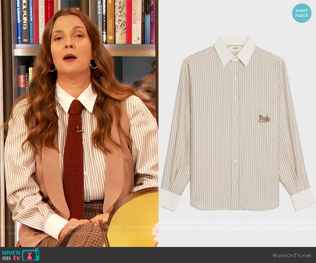 Celine Loose Shirt in Striped Silk Blouse worn by Drew Barrymore on The Drew Barrymore Show