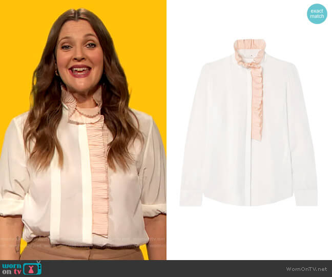 Chloe Ruffle-trimmed silk-georgette blouse worn by Drew Barrymore on The Drew Barrymore Show