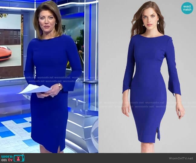 Teri Jon by Rickie Freeman 3/4 Sleeve Crepe Dress worn by Norah O'Donnell on CBS Evening News