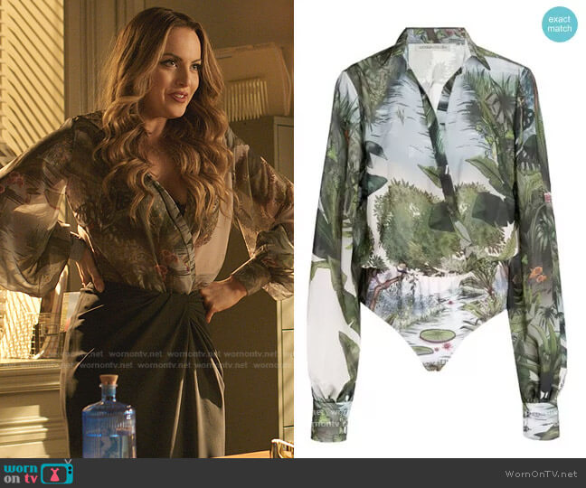 Andres Otalora Cuenca Printed Chiffon Bodysuit worn by Fallon Carrington (Elizabeth Gillies) on Dynasty