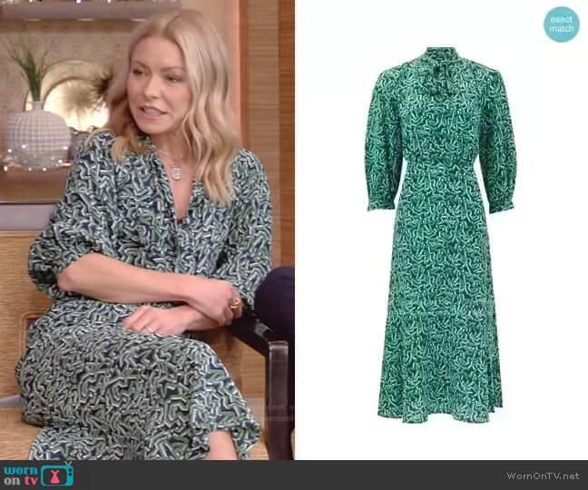 Cefinn Daria Pussy-Bow Printed Silk Midi Dress worn by Kelly Ripa on Live with Kelly and Mark