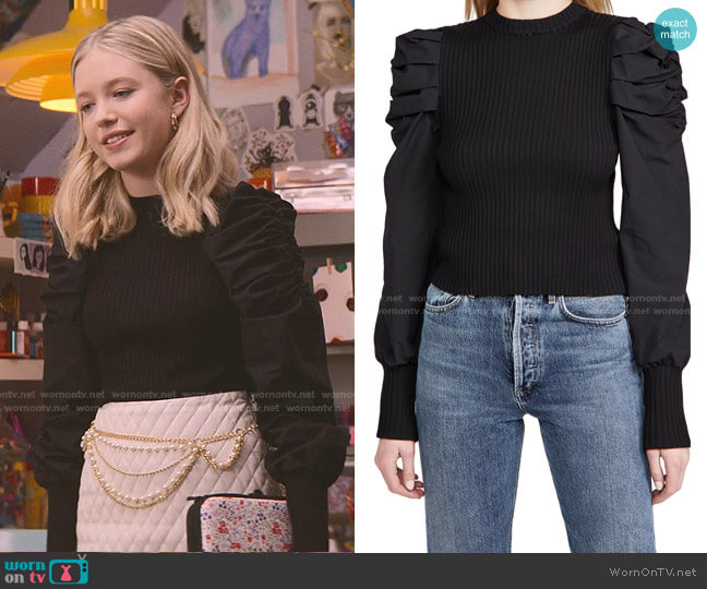 En Saison Mixed Media Puffed Sleeve Top worn by Stacey McGill (Shay Rudolph) on The Baby-Sitters Club