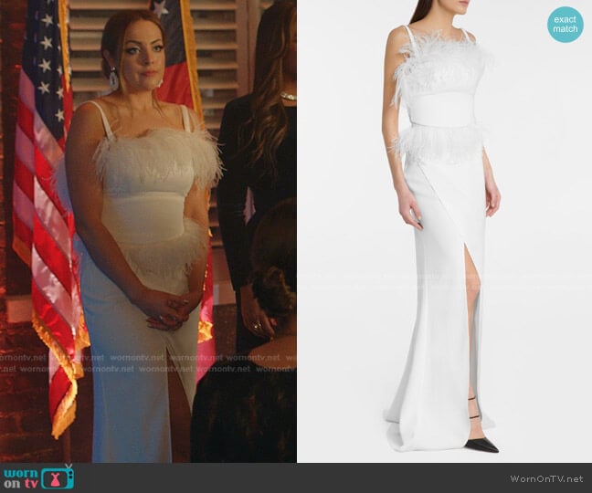 Elie Saab Feather-Trimmed Crepe Gown worn by Fallon Carrington (Elizabeth Gillies) on Dynasty