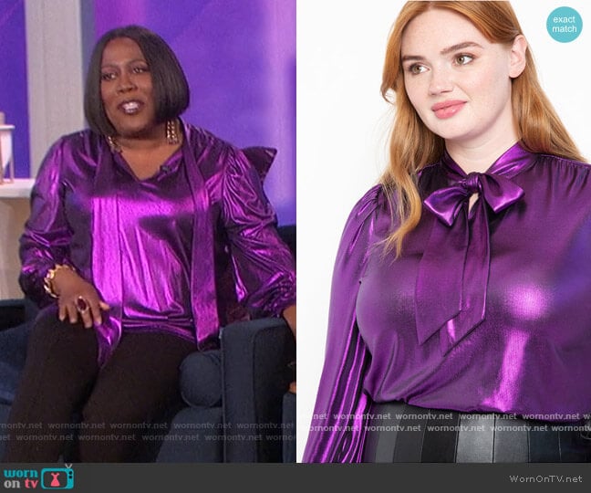 Eloquii Metallic Bow Blouse worn by Sheryl Underwood on The Talk