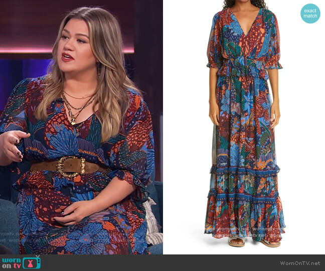 Farm RIO Blue Cool Leopard Ruffle Maxi Dress worn by Kelly Clarkson on The Kelly Clarkson Show