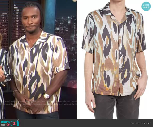 All Saints Fuego Short Sleeve Button-Up Camp Shirt worn by Scott Evans on Access Hollywood