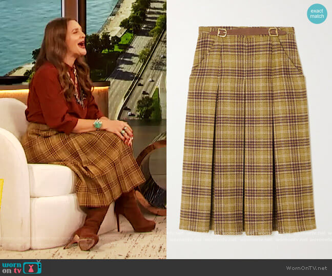 Giuliva Heritage The Adriana leather-trimmed pleated checked wool skirt worn by Drew Barrymore on The Drew Barrymore Show