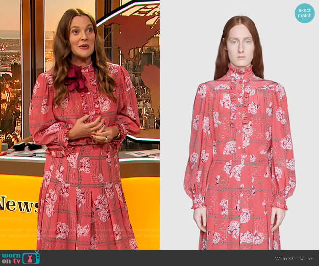 Gucci Silk ruffle shirt with floral print worn by Drew Barrymore on The Drew Barrymore Show