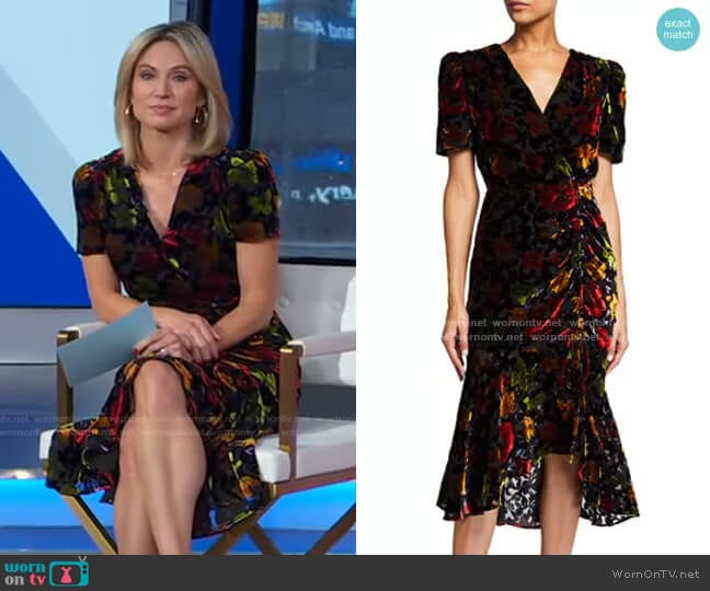 Milly Gynn Ruched Velvet Floral Burnout Midi Dress worn by Amy Robach on Good Morning America