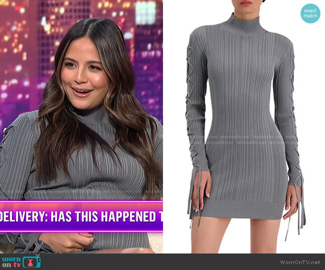Herve Leger Rib Lace-Up Long-Sleeve Dress in Stone worn by Erin Lim on E! News