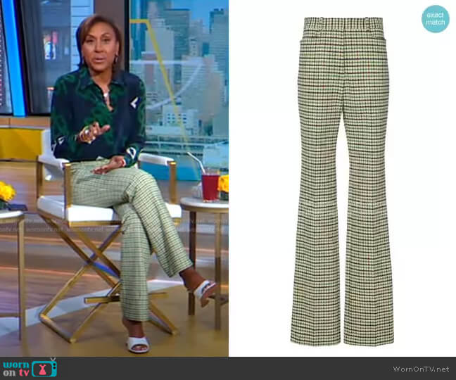 Victoria Beckham High-Rise Slim Flare Check Trousers worn by Robin Roberts on Good Morning America