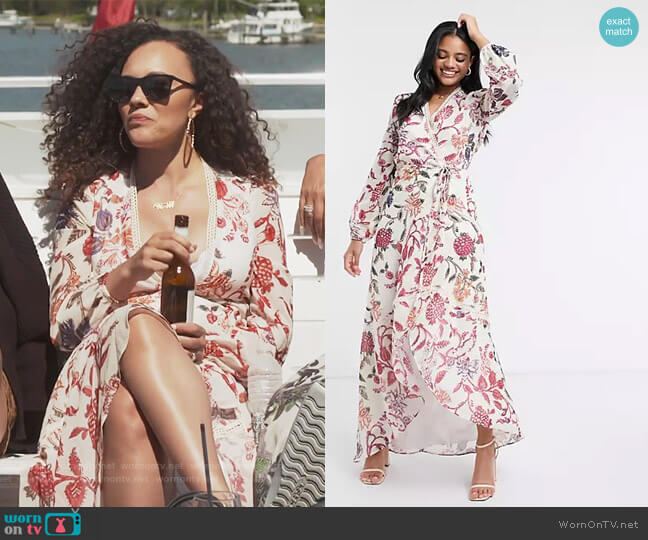 Hope & Ivy Wrap Front Maxi Dress with Lace neckline in floral print worn by Ashley Darby on The Real Housewives of Potomac