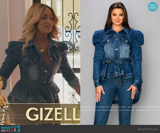 Hush Boutique Puff Sleeve Belted Peplum Denim Jacket worn by Gizelle Bryant on The Real Housewives of Potomac