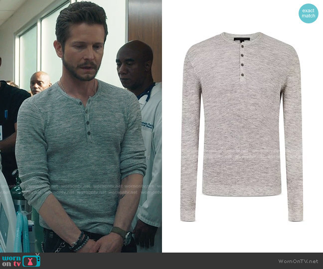 John Varvatos Star USA Otis Waffle Henley Tee worn by Conrad Hawkins (Matt Czuchry) on The Resident