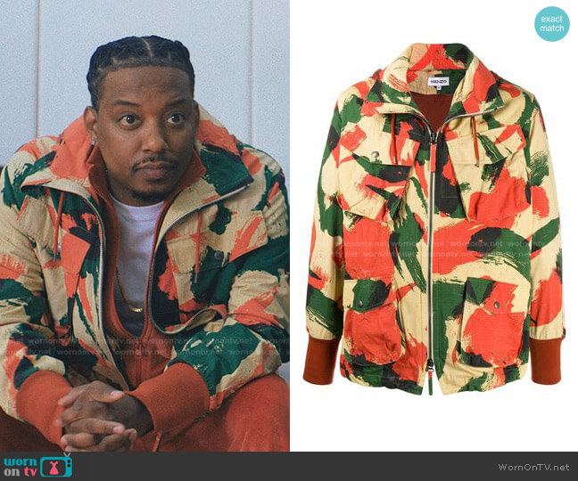 Kenzo Camouflage Print Hooded Jacket worn by Yogi (Chris Powell) on Love Life