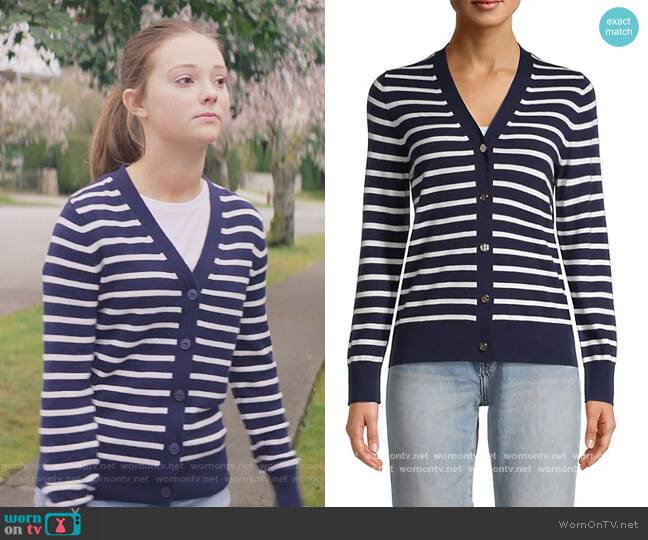 Kate Spade Striped V-Neck Cardigan worn by Kristy Thomas (Sophie Grace) on The Baby-Sitters Club