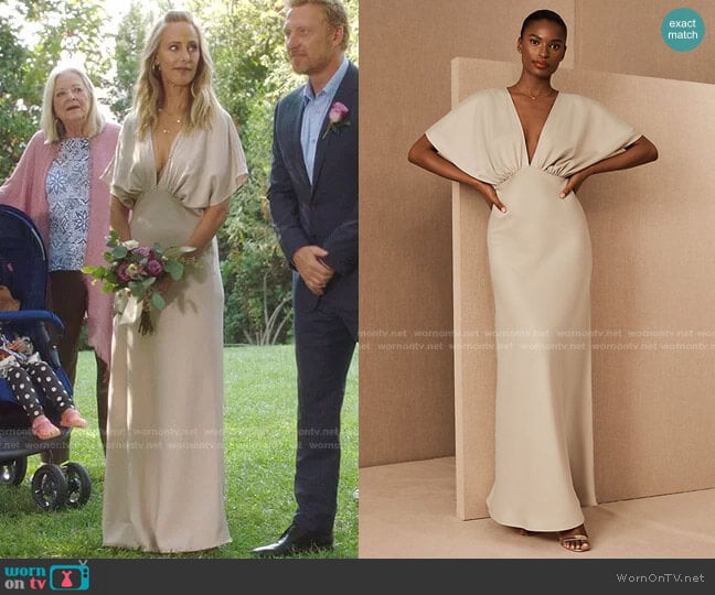 Bhldn Leila Satin Charmeuse Maxi Dress worn by Teddy Altman (Kim Raver) on Greys Anatomy