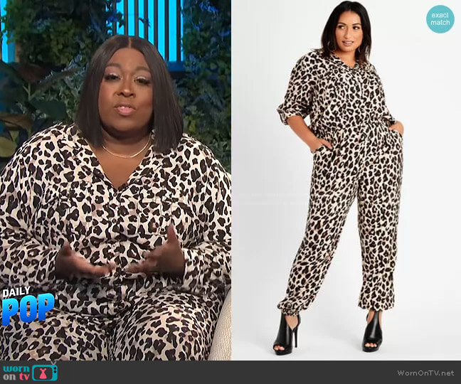 Ashley Stewart Leopard Utility Jogger Jumpsuit worn by Loni Love on E! News