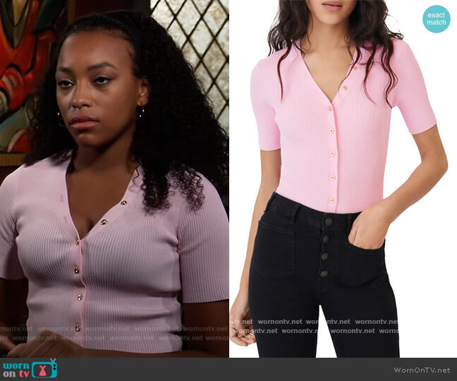 Maje Mimosa Cropped Rib-Knit Sweater worn by Trina (Sydney Mikayla) on General Hospital