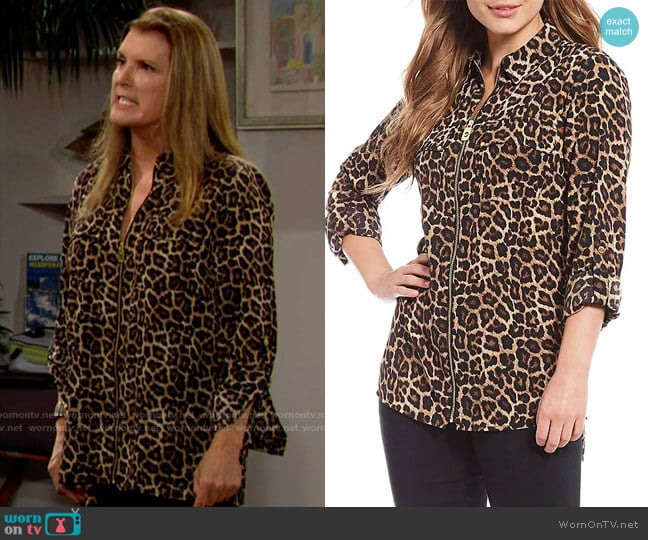 MICHAEL Michael Kors Leopard Print Zip Front Top worn by Sheila Carter (Kimberlin Brown) on The Bold and the Beautiful