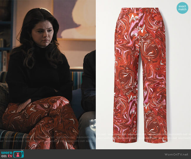 Maisie Wilen Jet printed shell straight-leg pants worn by Mabel Mora (Selena Gomez) on Only Murders in the Building