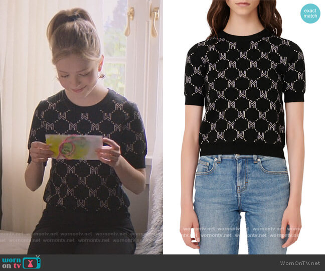 Maje Metallic Monogram Jacquard Short Sleeve Sweater worn by Stacey McGill (Shay Rudolph) on The Baby-Sitters Club